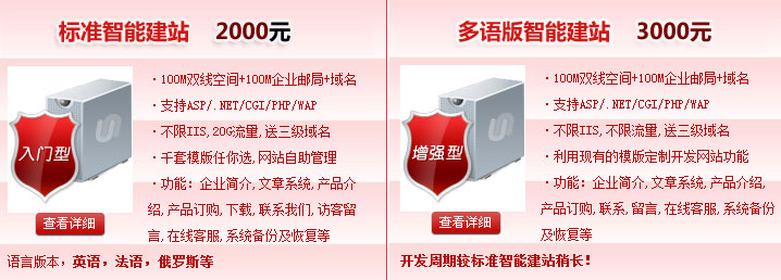 標(biāo)準(zhǔn)智能建站2000元，多語(yǔ)版智能建站3000元100M雙線空間+100M企業(yè)郵局+域名·支持ASP/.NET/CGI/PHP/WAP·不限IIS,不限流量。智能建站系統(tǒng)“魔方”價(jià)格介紹! 熱線電話：400-697-8610 01062199213